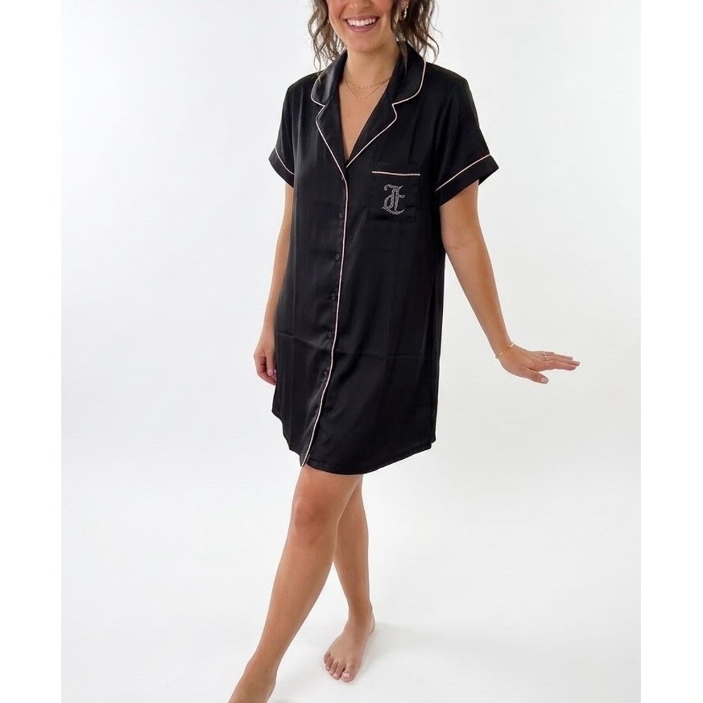 Juicy Couture Women's Black Satin Rhinestone Sleep Shirt Nightshirt Size L NWT